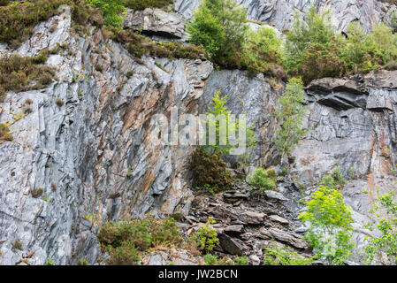 Ballachulish Schiefergrube, bewachsene Felsen, Lochaber, Highland, Schottland, UK Stockfoto