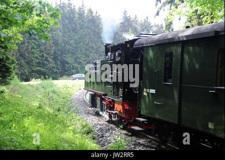 99 5901 mit dem 10:47 mittwochs Nur vintage Zug von Wernigerode zum Brocken Ansätze der L 100 Bahnübergang in Drei Annen Hohne. Stockfoto