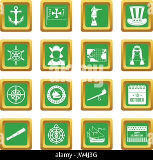 Columbus Day Icons Set Grün Stock Vektor