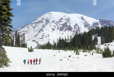 Sechs Wanderer auf dem Mt. Rainier an einem klaren Tag. 15. Juni 2013 Stockfoto