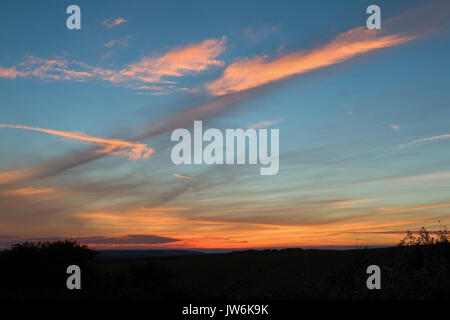 Dunkler Himmel mit rosa und orange Wolken in Sussex. Stockfoto