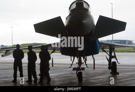 Laage, Deutschland. 11 Aug, 2017. Ein Eurofighter in Laage Air Base in Deutschland geparkt, 11. August 2017. Der Preis für eine einzelne Eurofighter beläuft sich auf über 110 Millionen Euro, nach Angaben der Bundeswehr (Bundeswehr). Foto: Stefan Sauer/dpa/Alamy leben Nachrichten Stockfoto