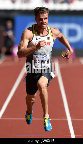 London, Großbritannien. 11 Aug, 2017. Deutsche Zehnkämpfer Rico Freimuth in Aktion an der 100m an die IAAF Weltmeisterschaften, in London, UK, 11. August 2017 laufen. Foto: Rainer Jensen/dpa/Alamy leben Nachrichten Stockfoto