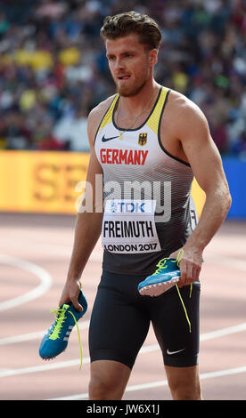 London, Großbritannien. 11 Aug, 2017. Deutsche Zehnkämpfer Rico Freimuth in Aktion an der 100m an die IAAF Weltmeisterschaften, in London, UK, 11. August 2017 laufen. Foto: Rainer Jensen/dpa/Alamy leben Nachrichten Stockfoto