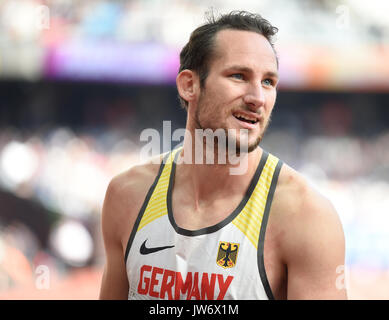 London, Großbritannien. 11 Aug, 2017. Deutsche Zehnkämpfer Kai Kazmirek in Aktion an der 100m an die IAAF Weltmeisterschaften, in London, UK, 11. August 2017 laufen. Foto: Rainer Jensen/dpa/Alamy leben Nachrichten Stockfoto