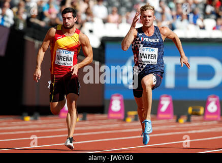 London, Großbritannien. 11 Aug, 2017. Kevin Mayer von Frankreich konkurriert bei 100m der Männer Zehnkampf am 8. Tag der Leichtathletik-WM 2017 in London Stadion in London, Großbritannien, am 12.08.11, 2017. Credit: Wang Lili/Xinhua/Alamy leben Nachrichten Stockfoto