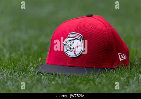 Milwaukee, Wisconsin, USA. 11 Aug, 2017. Cincinnati Reds schlagende Praxis Hut liegt auf dem Rasen vor der Major League Baseball Spiel zwischen den Milwaukee Brewers und die Cincinnati Reds am Miller Park in Milwaukee, WI. John Fisher/CSM Credit: Cal Sport Media/Alamy leben Nachrichten Stockfoto