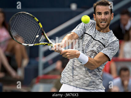 Montreal, Kanada. 11 Aug, 2017. Adrian Mannarino von Frankreich gibt den Ball an Denis Shapovolov von Kanada während der viertelfinalegleichen von singles für Männer im Jahr 2017 Rogers Schale in Montreal, Kanada, August 11, 2017. Denis Shapovolov gewann 2-1. Quelle: Xinhua/Alamy leben Nachrichten Stockfoto