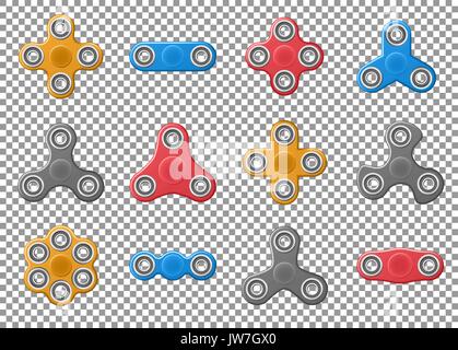 Satz von Hand spinner Spielzeug. realistische Gelb, Rot und Grau spinner Vector Icons auf transparentem Hintergrund isoliert Stock Vektor