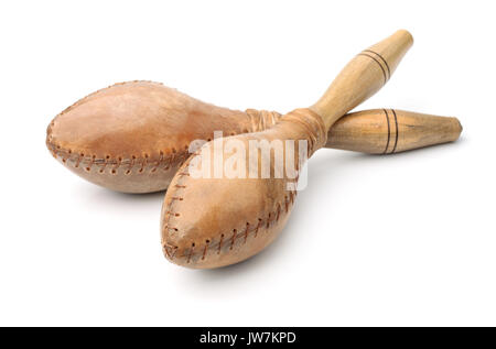 Paar maracas aus Leder und Holz isoliert auf weißem Stockfoto