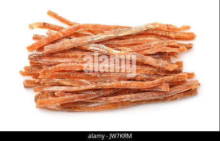 Blick von oben auf die getrockneten Fisch sticks isoliert auf weißem Stockfoto