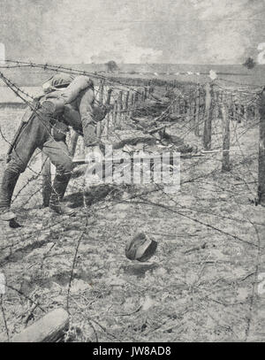 Soldat aufgespiesst auf Stacheldraht WW1 Stockfoto