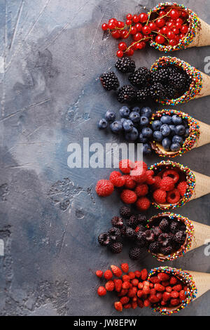 Reife Beeren Heidelbeeren, Himbeeren, Johannisbeeren, Brombeeren und Erdbeeren in Waffeln mit Platz für Text, Ansicht von oben Stockfoto
