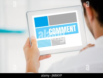 Digital composite von Kommentar Text und Grafik auf Tablet Bildschirm mit mans Hände Stockfoto