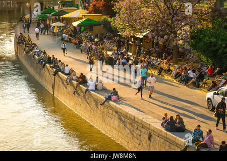 Wiener Grachtensommer, Blick auf den Donaukanal im Wiener Schwedenplatz, ein beliebter Ort zum Entspannen in den Sommermonaten. Stockfoto