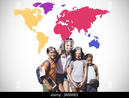 Digital composite von Kindern mit Lehrer vor der bunten Welt Karte Stockfoto