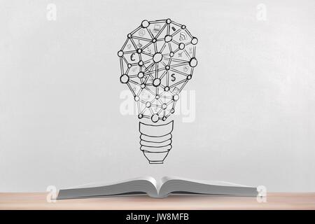 Digital composite von Büchern auf dem Tisch gegen weiße Tafel mit Bildung Grafiken und zurück in die Schule text Stockfoto