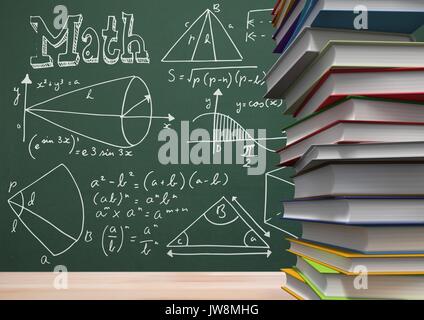 Digital composite von Büchern auf dem Tisch gegen grüne Tafel mit Bildung und Schule Grafiken Stockfoto