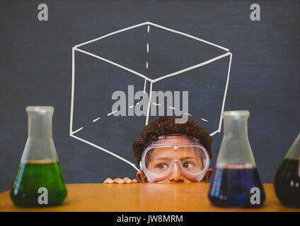 Digital composite von Studenten junge versteckt sich hinter einem Tisch gegen blaue Tafel mit Schule und Ausbildung Grafik Stockfoto