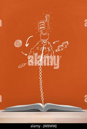 Digital composite von Buch auf dem Tisch gegen orange Tafel mit Bildung und Schule Grafiken Stockfoto