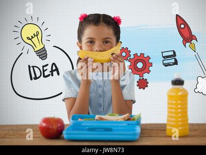 Digital composite von Mädchen am Schreibtisch mit gesundem Lunch und Idee, Grafiken Stockfoto