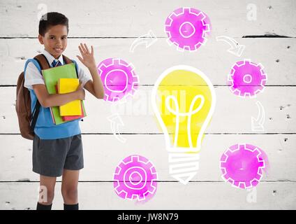 Digital composite der Schüler holding Schulbücher mit bunten Lampe Einstellen des cog Grafiken Stockfoto