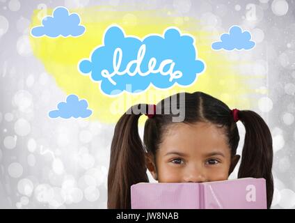 Digital composite von Mädchen Lesung mit bunten Idee Grafiken Wolken Stockfoto