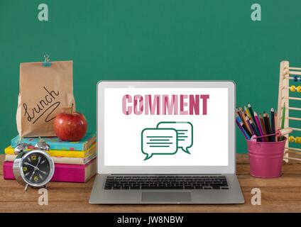 Digital composite von Kommentar Text und Grafik chat auf Laptop Bildschirm mit Bildung Elemente Stockfoto