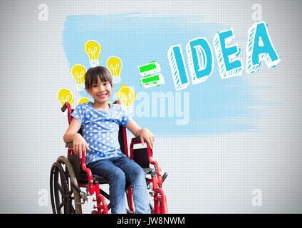 Digital composite von behinderten Mädchen im Rollstuhl mit bunten Idee Grafiken Stockfoto