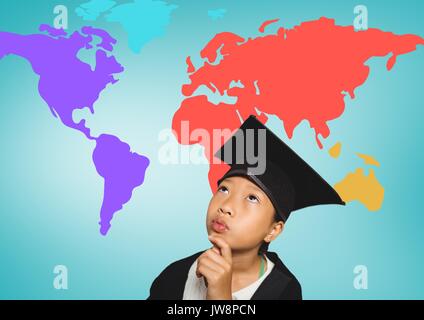 Digital composite von Mädchen mit Graduierung hat vor bunten Welt Karte Stockfoto