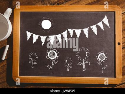Digital composite der Blumen, Sonne und Fahnen auf der Tafel Stockfoto