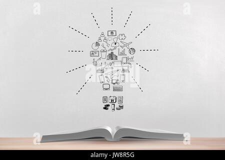 Digital composite von Buch auf dem Tisch gegen weiße Tafel mit Glühbirne Grafik Stockfoto