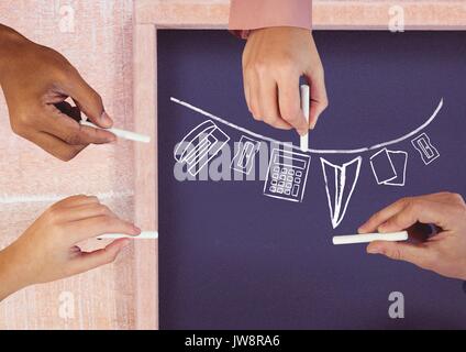 Digital composite der Zeichnung Schreibwaren Hände auf blackboard Stockfoto
