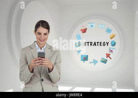 Digital composite Business Frau über ein Telefon in einem 3D Raum mit einem konzeptionellen Grafik an der Wand Stockfoto