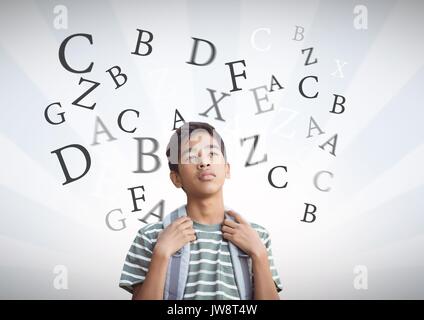 Digitales Komposit aus vielen Briefen um Schüler mit Licht streams Hintergrund Stockfoto