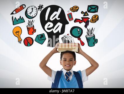 Digital composite der Schüler halten Bücher auf dem Kopf mit bunten Idee Grafiken Stockfoto