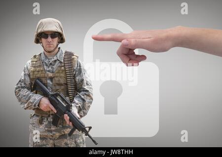 Digital composite von Hand an Soldat gegen grauen Hintergrund zeigt mit einem Schlosssymbol Stockfoto