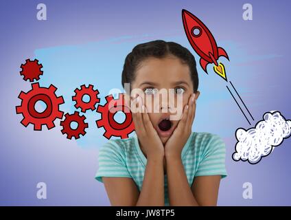 Digital composite von überrascht Mädchen vor der Rakete und Cog Grafiken Stockfoto
