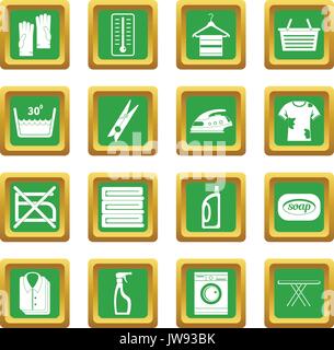 Wäscheservice Icons Set Grün Stock Vektor