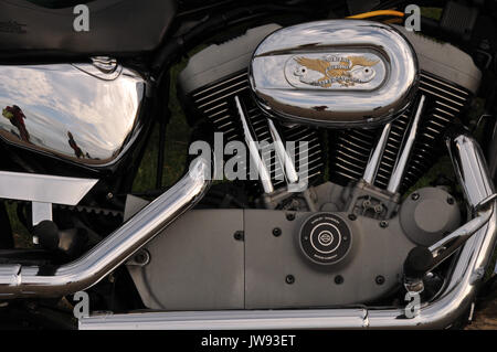 Eine Nahaufnahme Bild eines modernen Motorrad Motor Harley Davidson und Kawasaki große 750er oder 1200er glänzend Motorradfahren und große Motoren Stockfoto