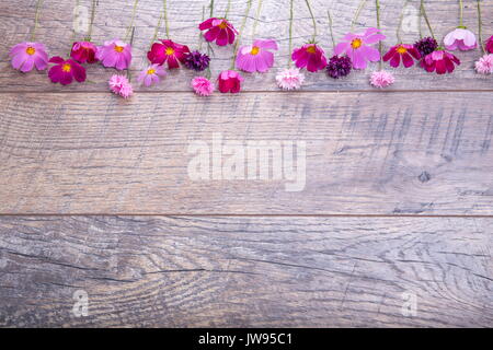 Rosa und Lila Blumen cosmea oder Cosmos und Kornblumen auf rustikalen hölzernen Brettern. Kopieren Sie Platz. Mutter, Valentines, Frauen, Hochzeit Konzept. Stockfoto