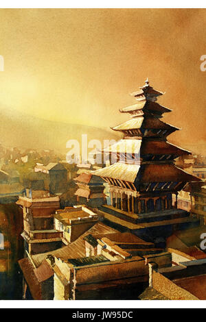 Aquarell von der Nyatapola-Tempel in die UNESCO-Welterbe-Stadt von Bhaktapur - Kathmandu-Tal, Nepal Stockfoto