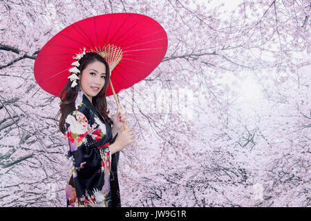 Schöne junge Asiatin, die traditionelle japanische Kimono mit roten Regenschirm und Kirschblüte. Stockfoto