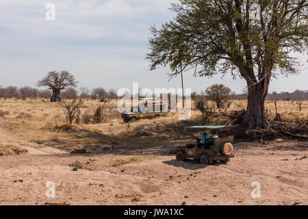 Touristen in Safari Fahrzeuge genießen Sie eine Pirschfahrt im Ruaha Nationalpark, Tansania Stockfoto