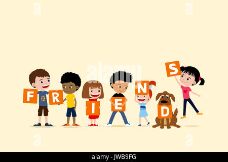 Gruppe von Kindern und einem Hund, die Buchstaben sagen Freunde. Cute diverse Cartoon Illustration der Mädchen und Jungen. Stockfoto