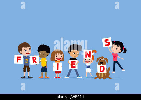 Gruppe von Kindern und einem Hund, die Buchstaben sagen Freunde. Cute diverse Cartoon Illustration der Mädchen und Jungen. Stockfoto