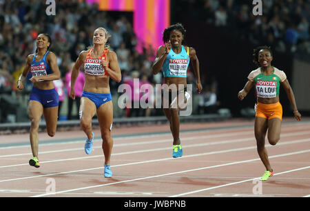 Die USA Deajah Stevens, Netherland Dafne Schippers, Bahamas "Shaunae Miller-Uibo und der Elfenbeinküste Maria-Josee Ta Lou am Tag acht der Leichtathletik-WM 2017 auf der Londoner Stadion. Stockfoto