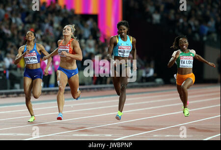 Die USA Deajah Stevens, Netherland Dafne Schippers, Bahamas "Shaunae Miller-Uibo und der Elfenbeinküste Maria-Josee Ta Lou am Tag acht der Leichtathletik-WM 2017 auf der Londoner Stadion. Stockfoto