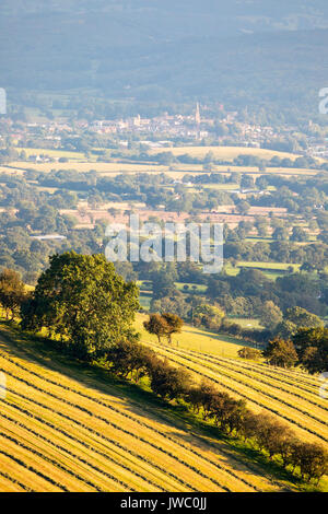 Sommernachmittag Landschaft von oben Penycloddiau Hill fort in der Clwydian Hügel über dem Tal Clwyd in Richtung der Stadt Ruthin Stockfoto