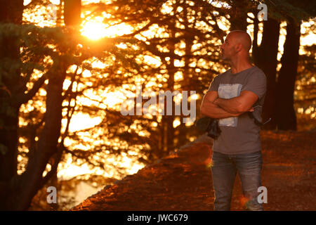 Mann in den Wald auf der Suche nach schönen hellen Sonnenuntergang, Urlauber genießen die Schönheit der Natur, Camping unter Pinien, Sommer Aktiv Zeit Stockfoto